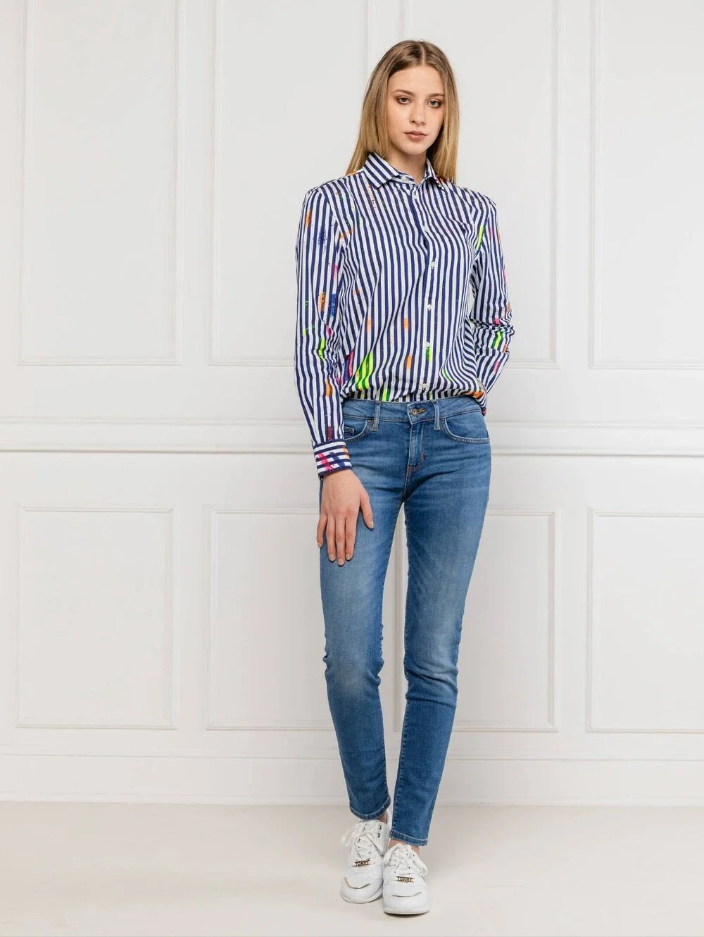 Ralph Lauren Blue and White Striped Long-Sleeve Shirt with Neon Accents - Picture 2 of 7